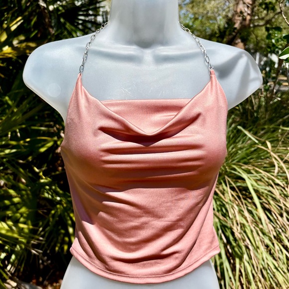 Papaya Tops - Papaya Mauve Pink Satin Stretch Smocked Top Size S Chain Strap Halter Y2K Sexy